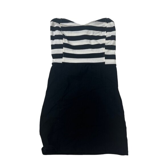 Vintage Y2K Black & White Striped Strapless Bodycon Twee Egirl Mini Dress / S - Picture 5 of 6